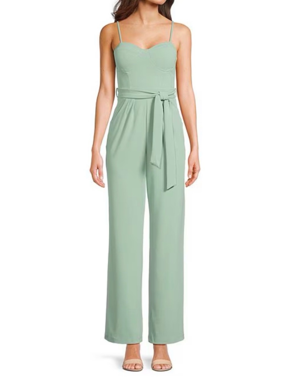 Honey and Rosie Sage Green Sweetheart-Neck Wide-Leg Jumpsuit with Tie Waist